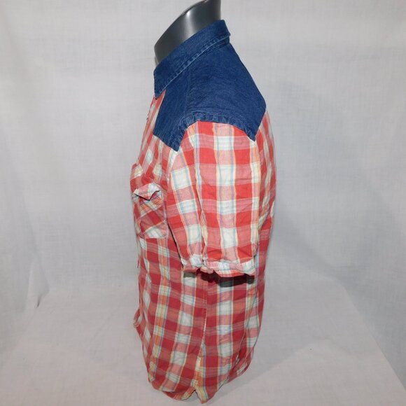 Salt Valley Western Mens M Red Plaid Denim Detail Short Sleeve pearl Snap Shirt - Picture 9 of 12